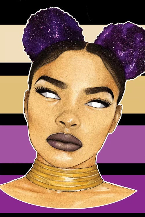 black woman with cosmic hair against purple stripes