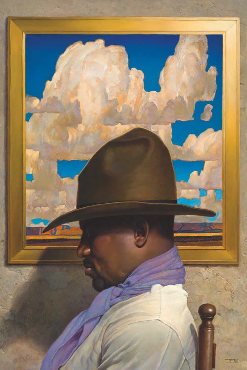 profile of a black man in a western hat in front of a cloudy picture