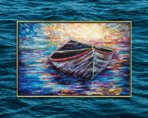 Impressionistic painting of a boat floating on water at sunrise by iCanvas artist OLena Art