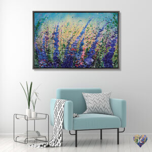 Blue chair below oil painting of lavender field by iCanvas artist OLean Art
