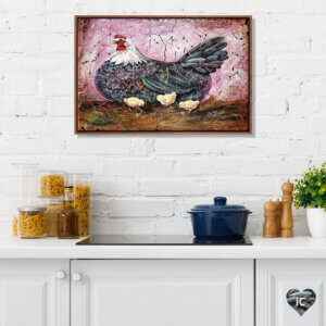 Kitchen counter with wall art of mother hen and her chicks by iCanvas artist OLena Art