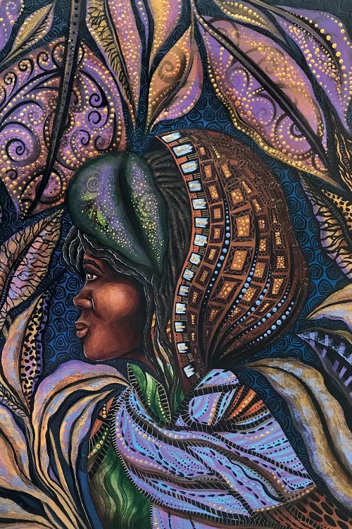 Wall art of Harriet Tubman with unique blue, brown and purple patterns by iCanvas artist Ashley Joi