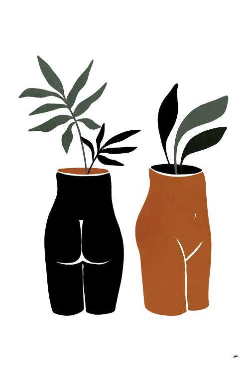 Wall art of vases shaped like bodies with plants by Bria Nicole