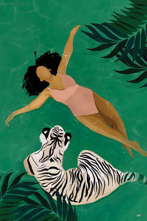 Wall art of woman drifting in water with tiger by Bria Nicole