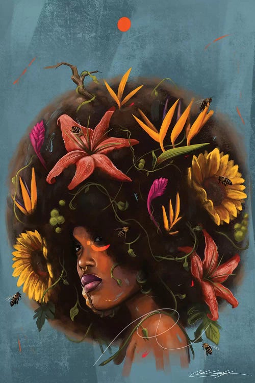 Painted portrait of woman with flowers in her afro by Chuck Styles