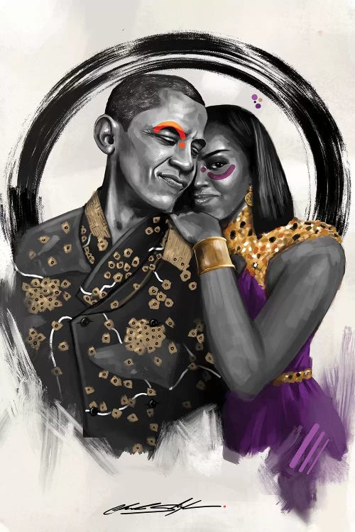 Painting of Barack and Michelle Obama embracing by Chuck Styles