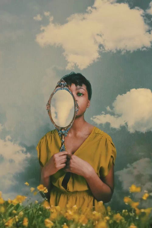 portrait of a girl in the clouds holding up a mirror by Deandra Lee