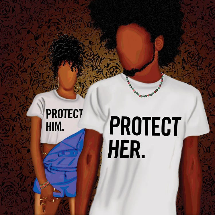 Wall art of man and women wearing similar tshirts by Faith With An E