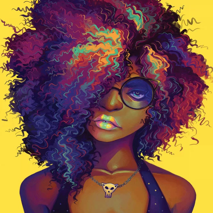 Wall art of woman with colorful afro and sunglasses by Geneva B