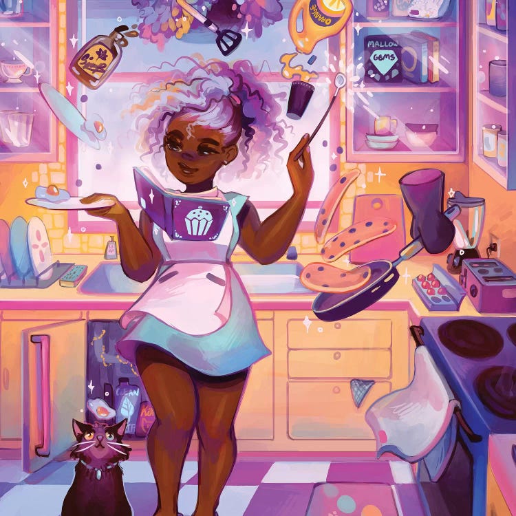 Wall art of woman wearing pink cooking pancakes with a cat by Geneva B