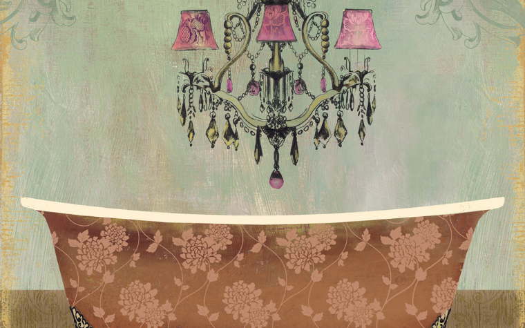 Wall art of a vintage floral tub with a pink and black chandelier overheard by iCanvas artist PI Studio