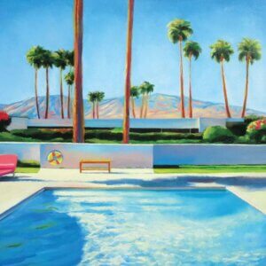 Wall art of Palm Springs California landscape with pool, palm trees and mountains by Ieva Baklane