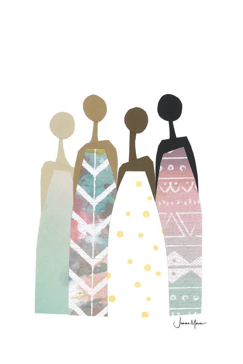 Minimalist wall art of four multicultural women in pastel dresses by iCanvas artist LouLouArtStudio