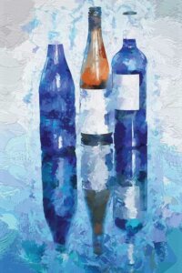 Oil painting of two blue wine bottles and one red wine bottle and their reflections by iCanvas artist OLena Art
