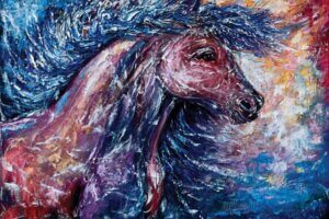 Impressionistic painting of a brown horse surrounded by hues of blue, yellow, white and red by Icanvas artist OLena Art