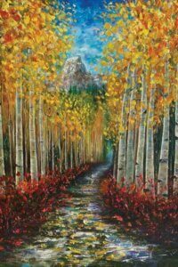 Oil painting of a forest path lined with trees with yellow leaves and a mountain in the distance by iCanvas artist Olena Art