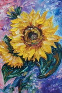 Oil painting of yellow sunflowers against a purple, pink and blue background by iCanvas artist OLena Art
