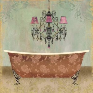 Wall art of a pink vintage claw foot tub below a pink and black chandelier by iCanvas artist PI Studio