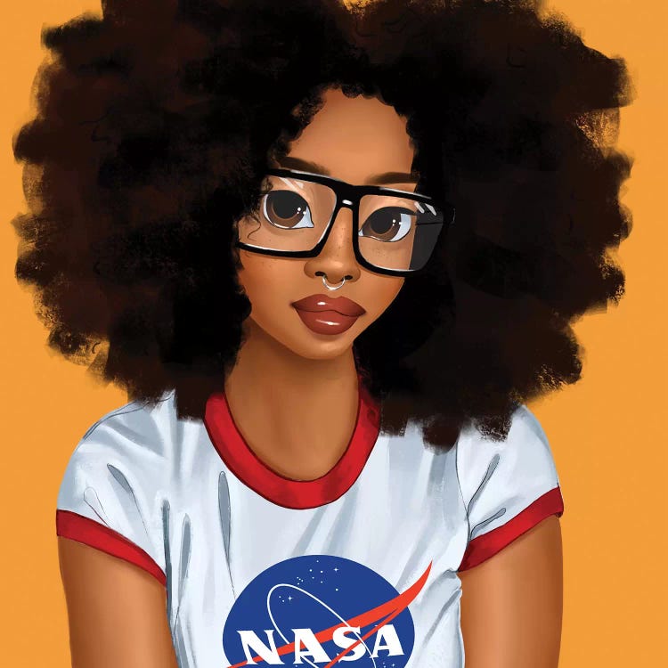 Wall art of girl with afro, glasses and NASA shirt by Princess Karibo