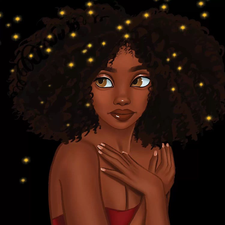 Wall art of woman with fireflies in her afro by Princess Karibo