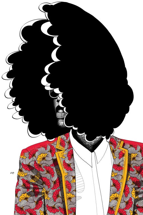 Wall art of woman with afro and floral blazer by iCanvas artist Ohab TBJ