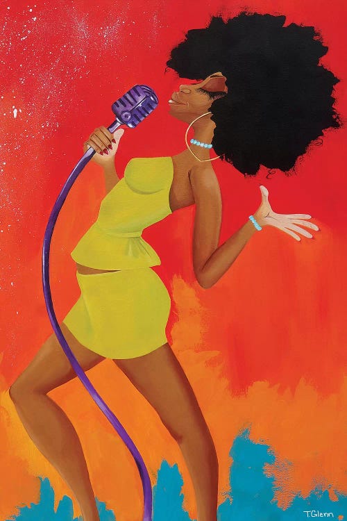 Vibrant wall art of woman singing into microphone by Tiffani Glenn