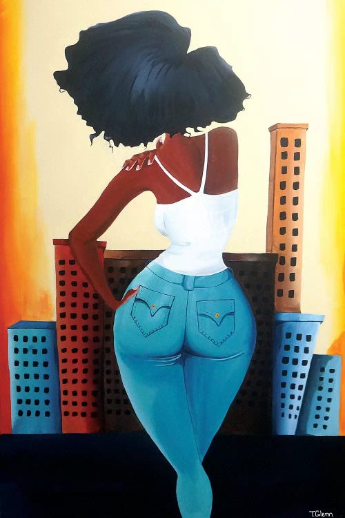 Wall art of woman in jeans looking out over city by Tiffani Glenn