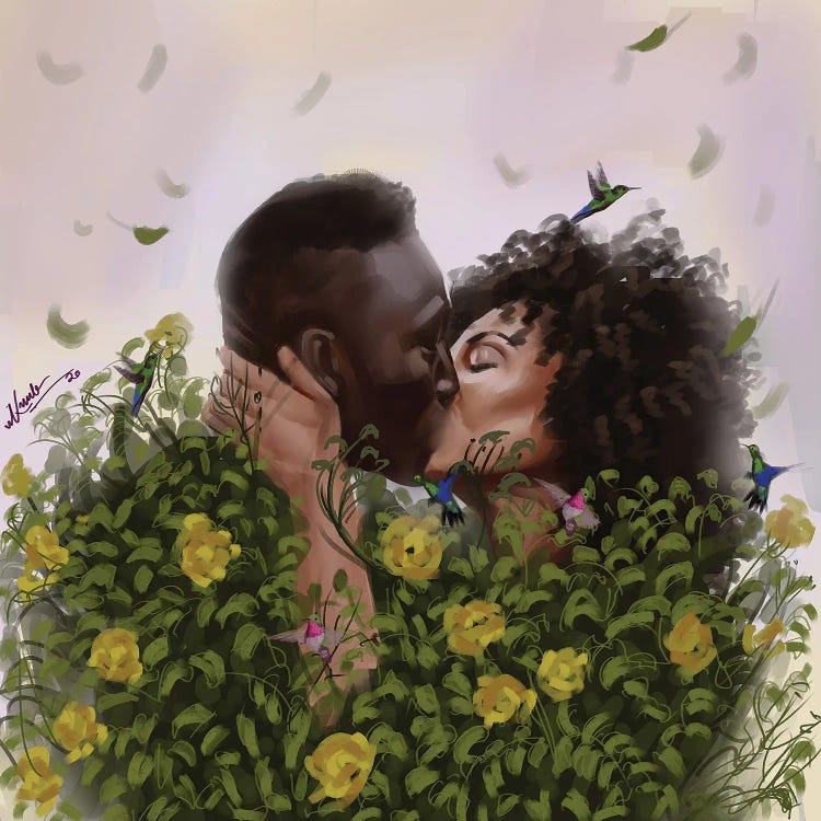 Wall art of a Black man and woman kissing through a green bush with yellow flowers by Adekunle Adeleke