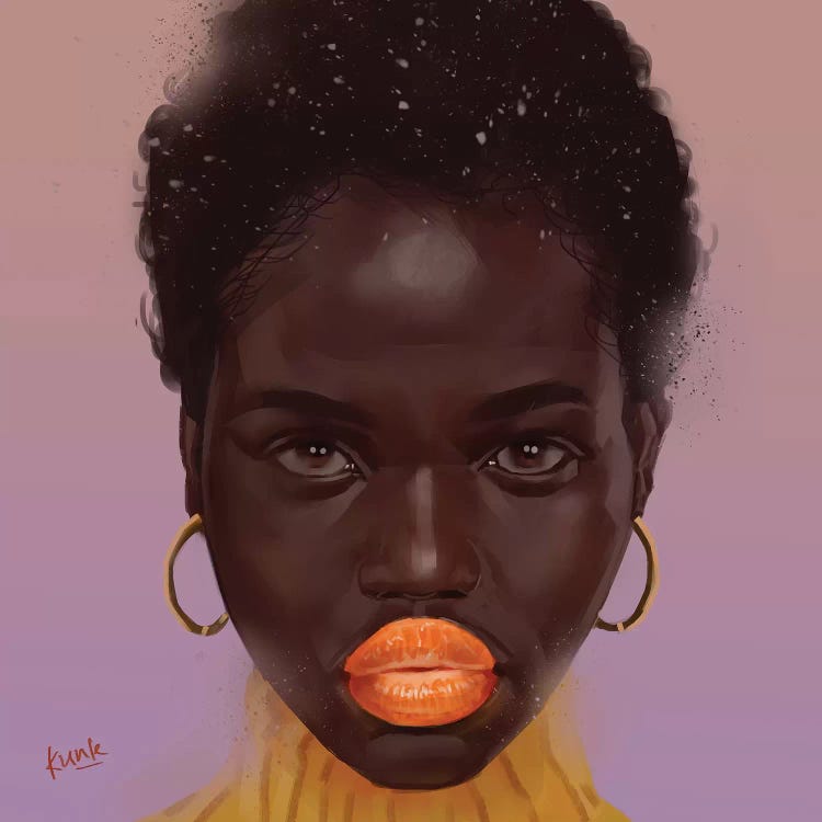 Portrait of a black woman with gold hoops and bright orange lipstick by iCanvas artist Adekunle Adeleke