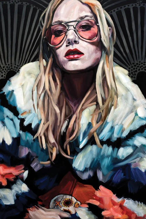 Portrait of a groovy woman with aviator sunglasses and a rainbow coat by iCanvas artist Belinda Eaton