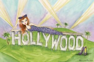 Wall art of a stylish girl sitting on the Hollywood sign by iCanvas artist Bella Pilar