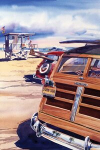 Wall art of vintage cars with surf boards on the roof at California beach by Bill Drysdale