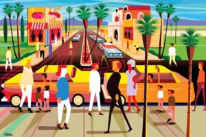 Vibrant illustration of people walking around Palm Springs, California by Charles Harker