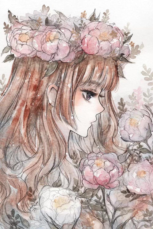 Wall art of a girl with a pink flower crown by iCanvas artist Cherriuki