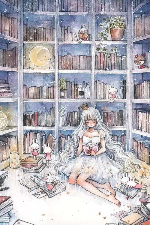 wall art of a girl with white long hair and a crown sitting in a blue library by iCanvas artist Cherriuki