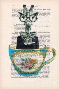 Wall art of a giraffe in a Victorian tea cup over text from literature by iCanvas artist Coco de Paris