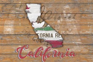 Wall art of wooden California sign with state shape and flag by iCanvas artist Diego Tirigall