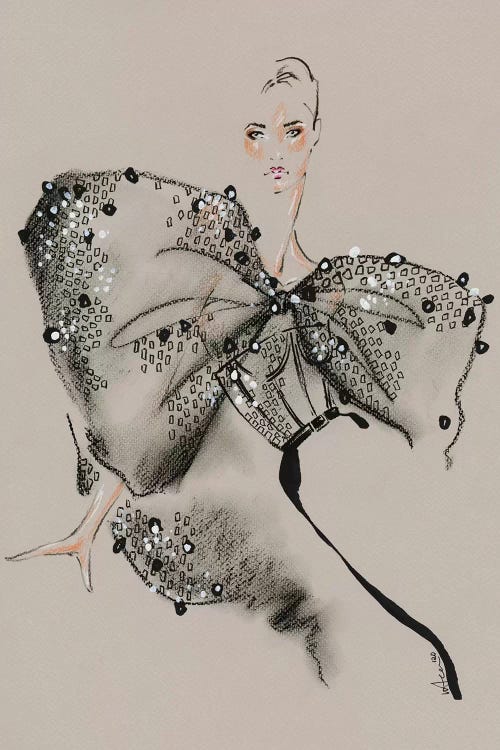 fashion drawing of a woman wearing a black Givenchy bow dress by iCanvas artist Elly Azizian