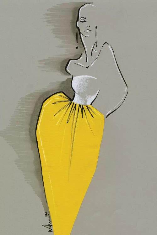 Fashion drawing of a woman wearing a white and yellow Givenchy dress by iCanvas artist Elly Azizian