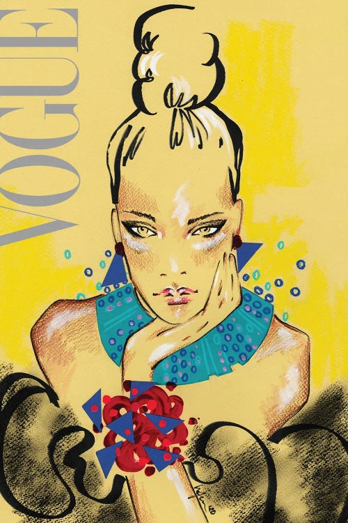 Fashion drawing of a woman with her hair in a bun on the cover of a Vogue magazine by iCanvas artist Elly Azizian