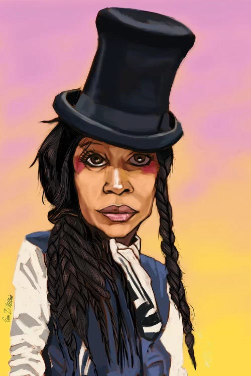 Caricature art of Badu wearing a top hat by iCanvas artist Evan Williams