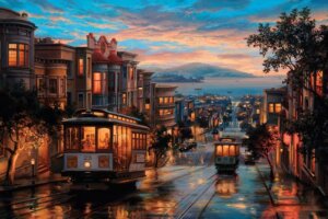 Painting of San Francisco cable car on street by iCanvas artist Evgeny Lushpin