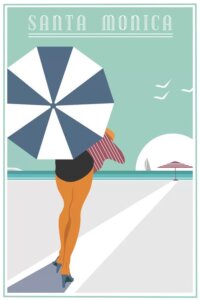 Sign for Santa Monica with back of woman holding an umbrella on the beach by Fly Graphics