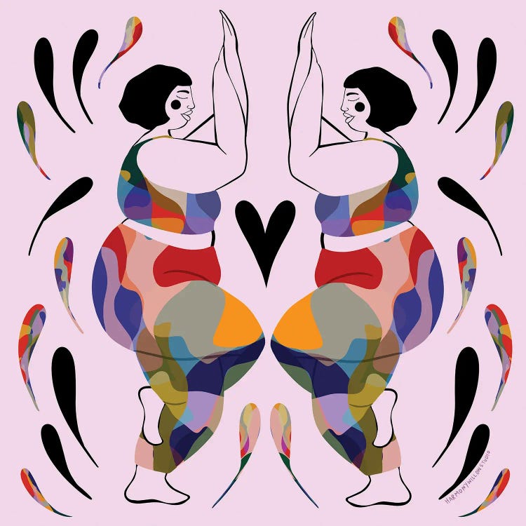 Wall art of two curvy yogis in colorful outfits with a heart in between by iCanvas artst Harmony Willow