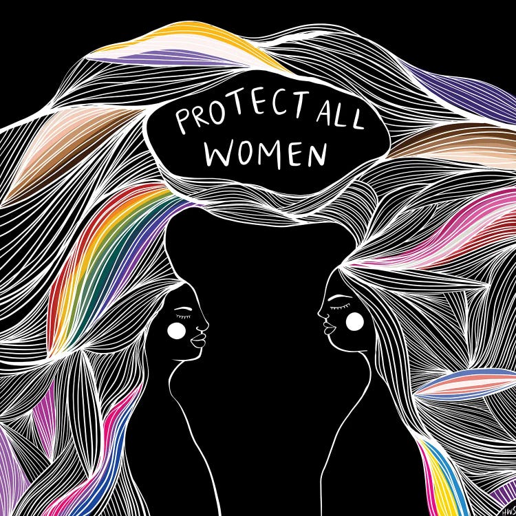 Wall art of two women facing each other with rainbow hair below the words protect all women by iCanvas artst Harmony Willow