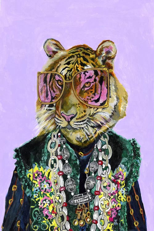 portrait of a bengal tiger wearing a flashy suit and big sunglasses by iCanvas artist Heather Perry