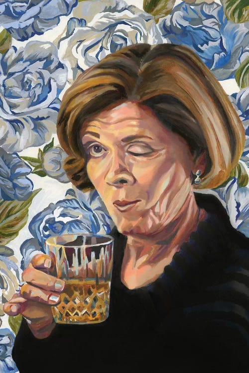 portrait of Lucille Bluth winking and drinking scotch against a blue floral background by iCanvas artist Heather Perry