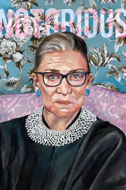 portrait of Ruth Bader Ginsburg against a floral background with the word notorious by iCanvas artist Heather Perry