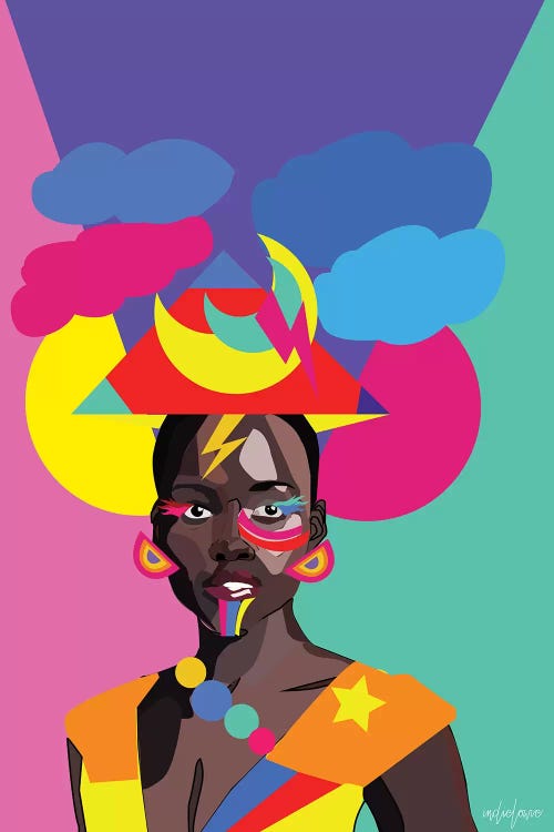 Wall art of actress Lupita Nyong'o in with vibrant colors and shapes all around by iCanvas artist Indie Lowve