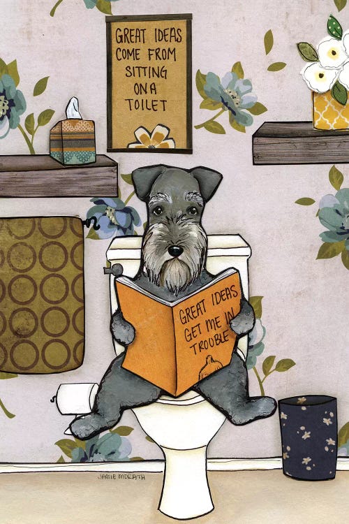 wall art of a schnauzer sitting on the toilet reading a book by iCanvas artist Jamie Morath